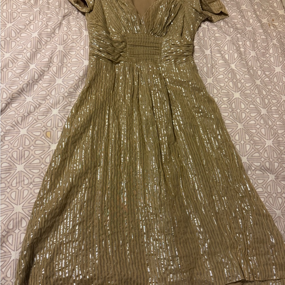 Betsey Johnson Gold Ruched Midi Dress V-Neck Flutter Sleeves